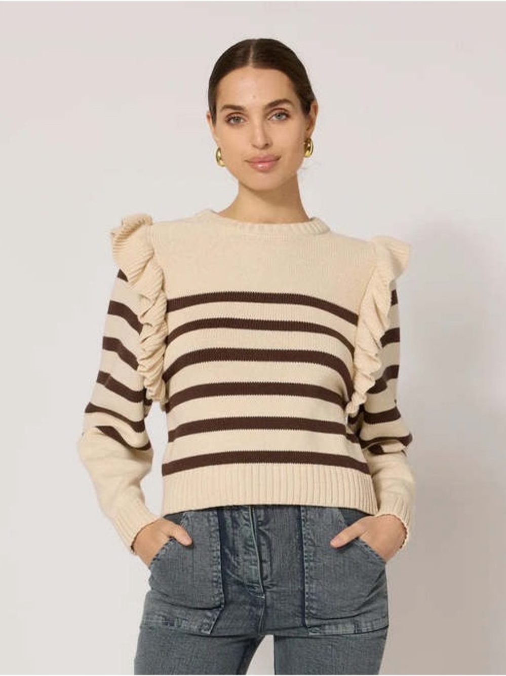 Cleobella Blair Cream & Brown Striped Ruffle Shoulder Sweater